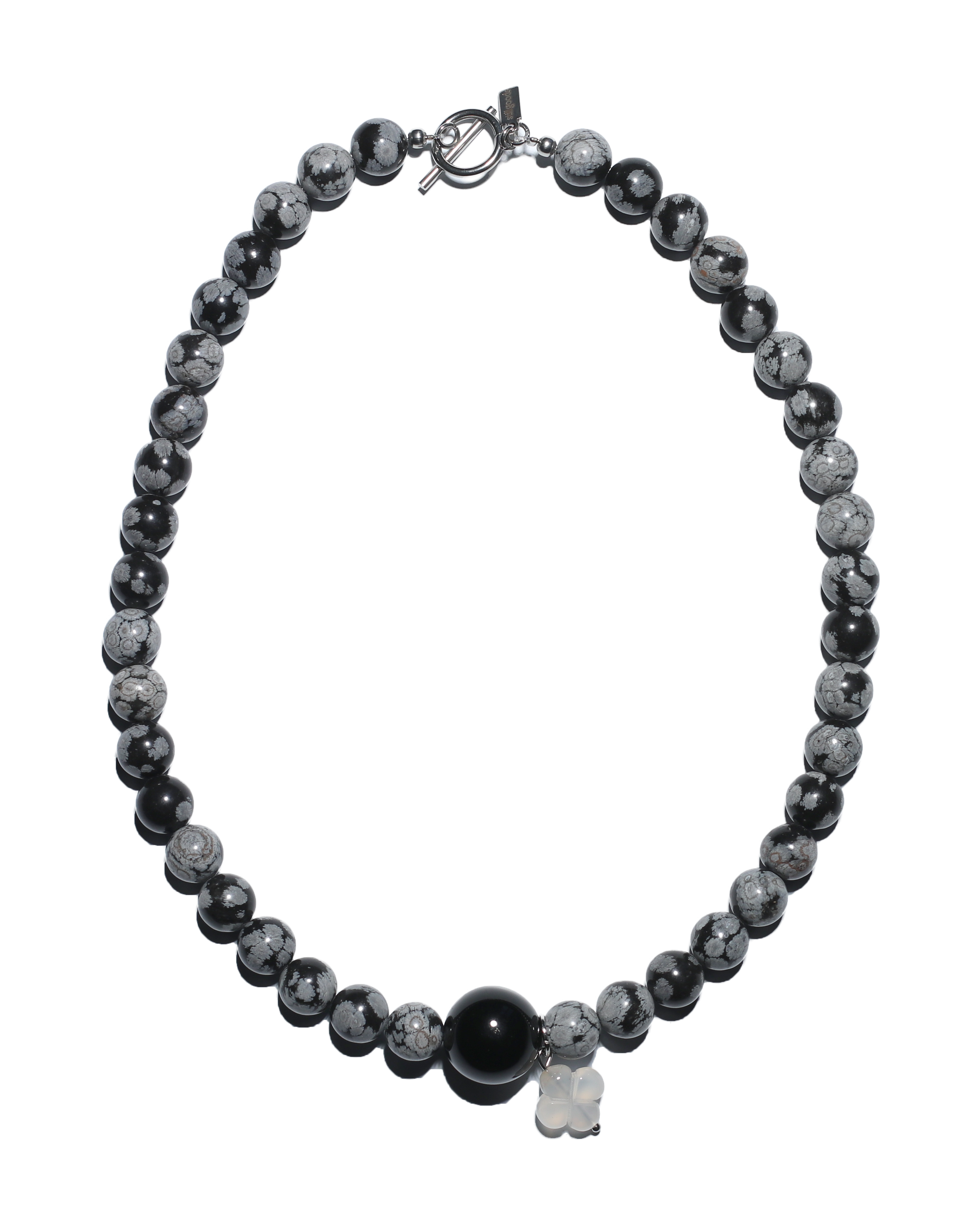 Snowflake Obsidian Necklace with White Agate Clover